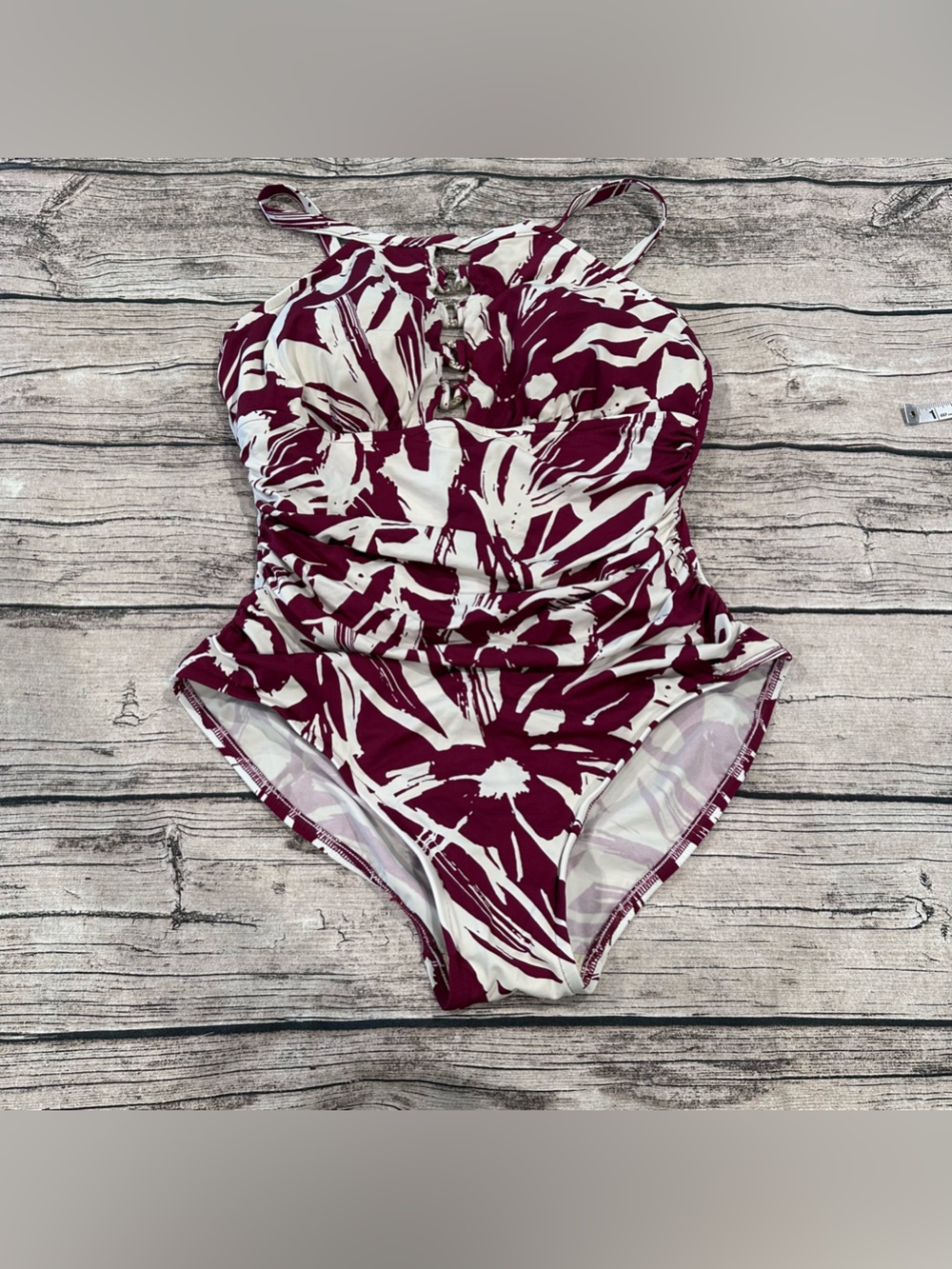 Magicsuit Burgundy and Cream One-Piece Swimsuit With Deep V in Front & Back 12